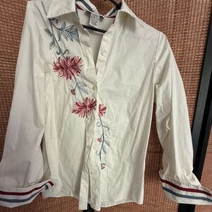 Embroidered Floral White Button-Up Blouse